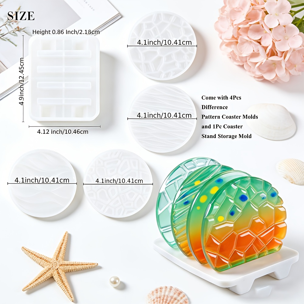 TEMU 5pcs Wave-shaped Cup Pad Resin Mold Set, Round Cup Pads And Trays, Silicone Mold, Suitable For Resin And Epoxy Resin Cup Pads, With A Stand,