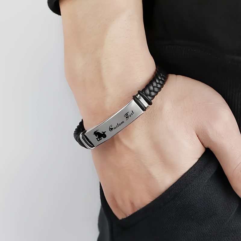 

Bracelet Zodiac Personnalisé pour Hommes - Barre en Acier Inoxydable Gravée sur Mesure avec Bracelet en Similicuir , Design Nom & , Cadeau de Style Décontracté