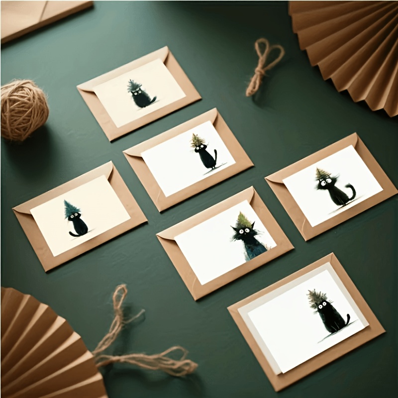 TEMU 12 stuks Leuke Zwarte Kat Kerstboom Wenskaarten met Enveloppen - Schattige Kitten 6 stuks Verschillende Ontwerpen, Geschikt voor Kerstmis,