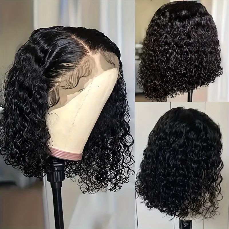 TEMU Elegant Deep Wave Curly Bob Lace Front Wig For Women - 13x4 Hd Transparent Brazilian Human Hair, Pre- Glueless , Blunt Cut, 180% Density, In 10", 12", 14", 16