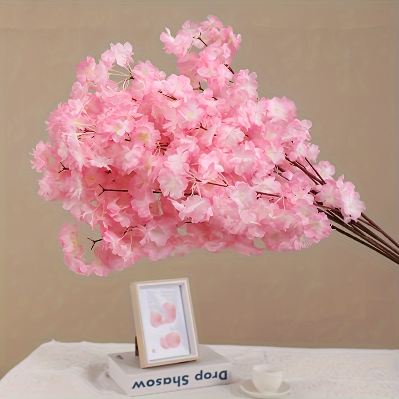 TEMU Cherry   Artificial Flowers - 3 Branches Silk Plastic Fake Sakura For Wedding And Engagement Arch Decor, Indoor Scenery Floral Arrangement