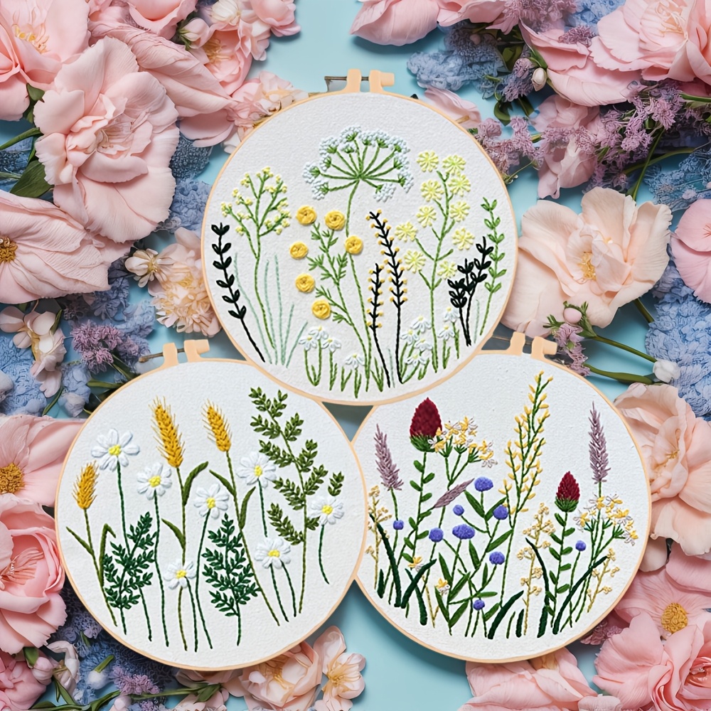 3pcs Embroidery Kit with Hoops Flower Pattern for Adults & Beginners