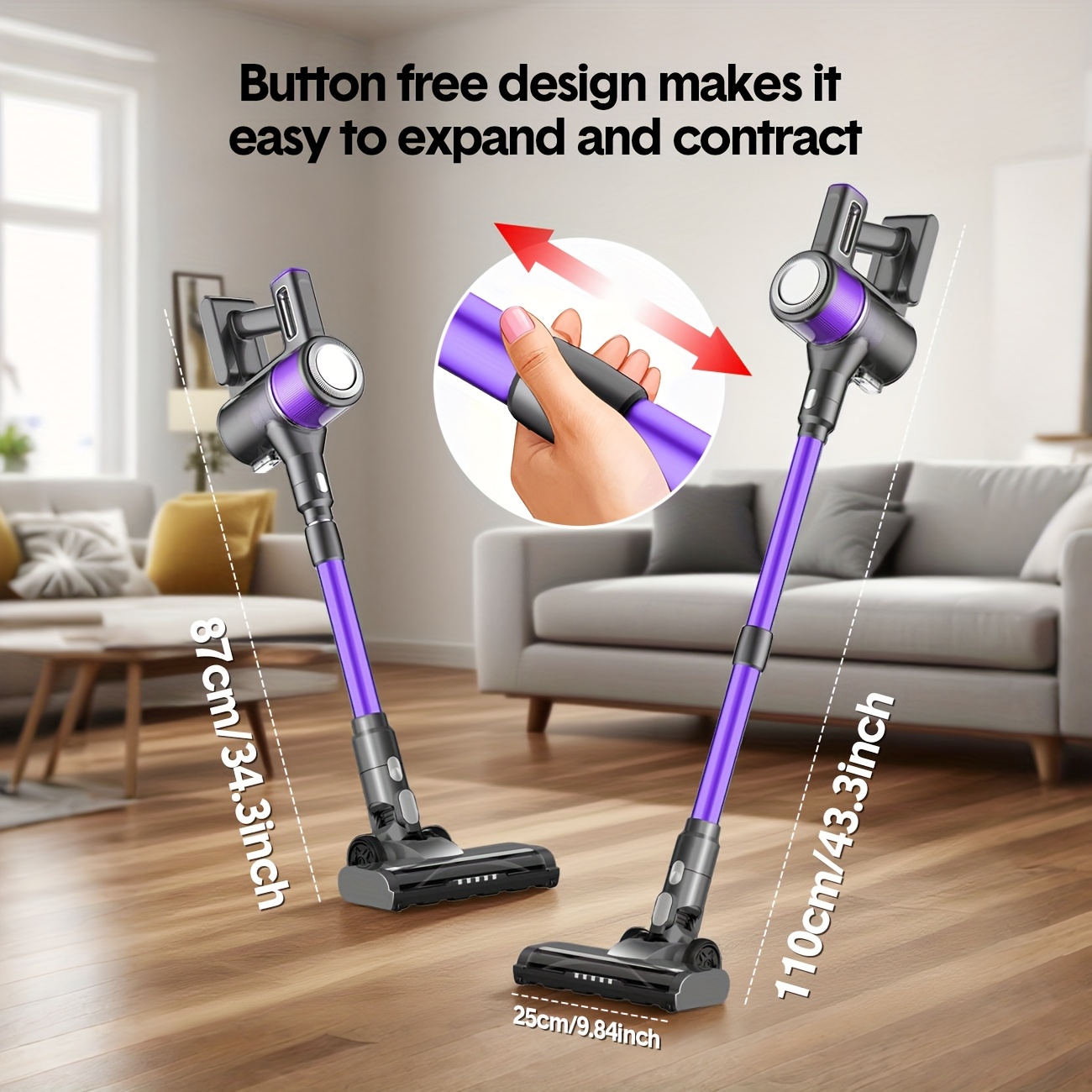 70千帕8合1无绳手持吸尘器，配备无电机，2种模式（普通/涡轮），长达长达40分钟，升级2600毫安时电池容量，防缠绕轻量刷头，超静音设计，适用于局部、硬质地板及瓷砖表面，轻松清晰宠物玩具（紫色/蓝色/绿色）商品详情 5