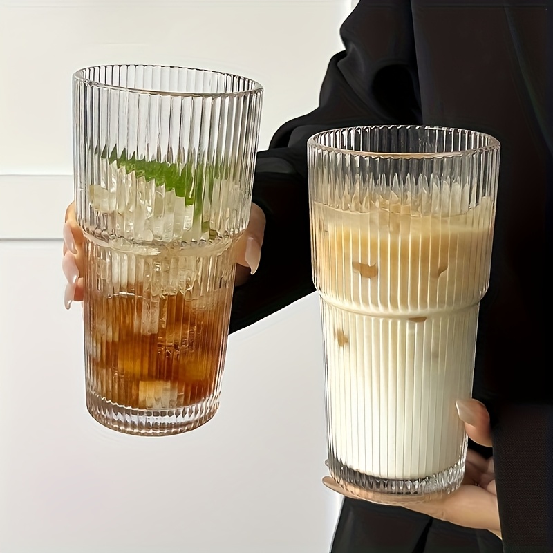 600ml striped glass cup with lid straw large capacity for coffee tea iced milk americano and latte durable stylish beverage glass coffee cup americano drinkware elegant drinkware natural drinkware Product details 6