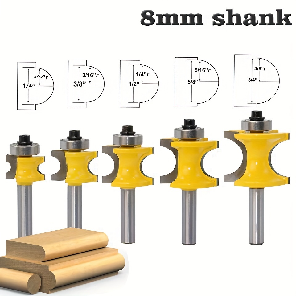 

5pcs Steel Bullnose Router Bit Set, 1/4" Shank, Half Round Bearing Wood Milling - For Doors, Tables, Cabinets & Shelves, , Sizes 1.25" To 3.05, Door Cutting|carbidetipped Cutter| Steel Tool