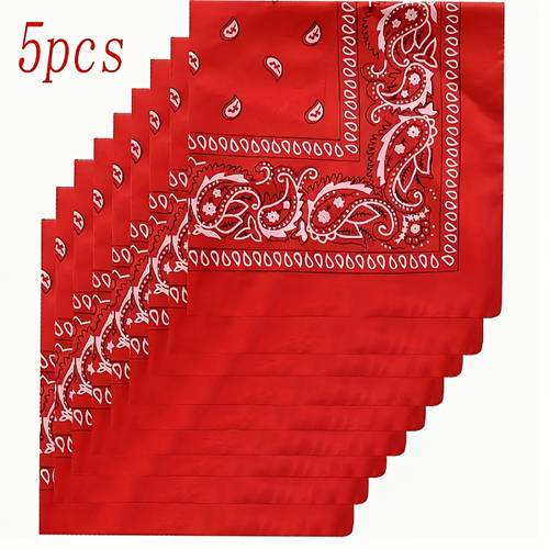 5pcs set of stylish red 21 1in paisley pattern square scarf headbands and face masks multi functional diy bandanas for men and women motorcycle and outdoor cycling face coverings
