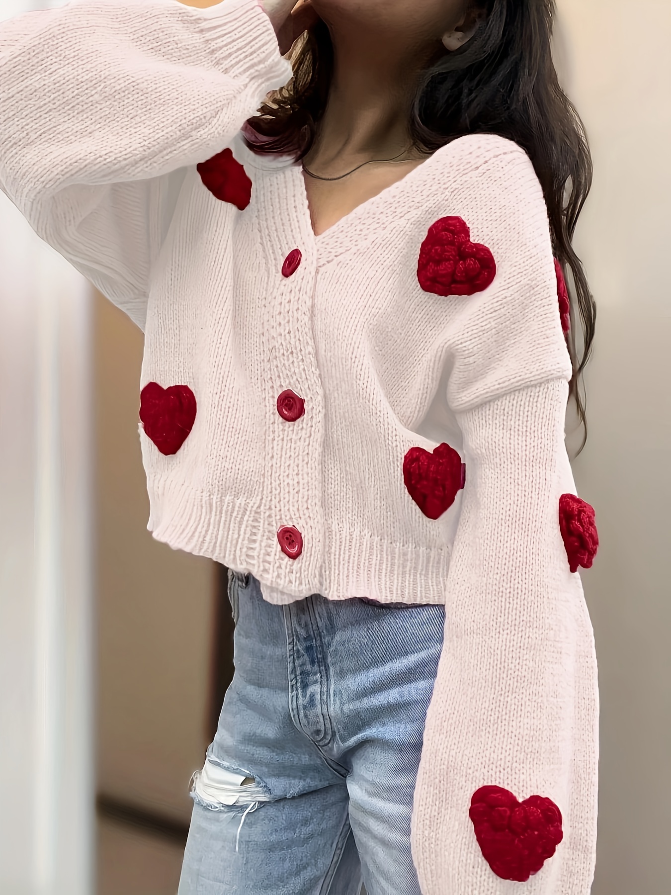 Ivory and Red Cable Knit Heart Sweater