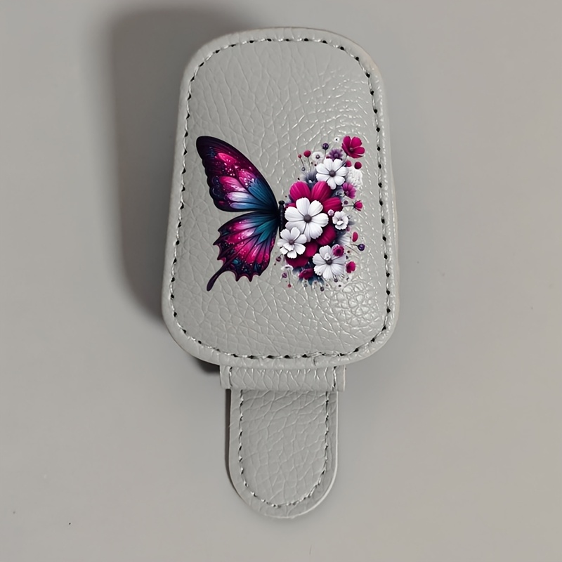 TEMU Porte-lunettes de pare-soleil avec motif floral et papillon cool, organisateur de cadeaux - Matériau PU, crochet décoratif magnétique intérieur