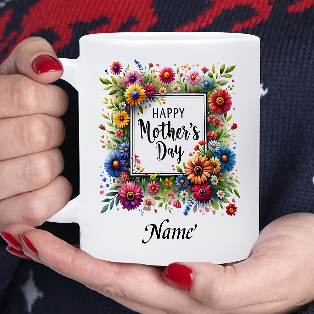 TEMU 1pc Personalized White Ceramic Mug With Name/text & Colorful Floral Frame - Suitable For Hot/cold Drinks, Dishwasher Safe Coffee Cup, 11oz Tea