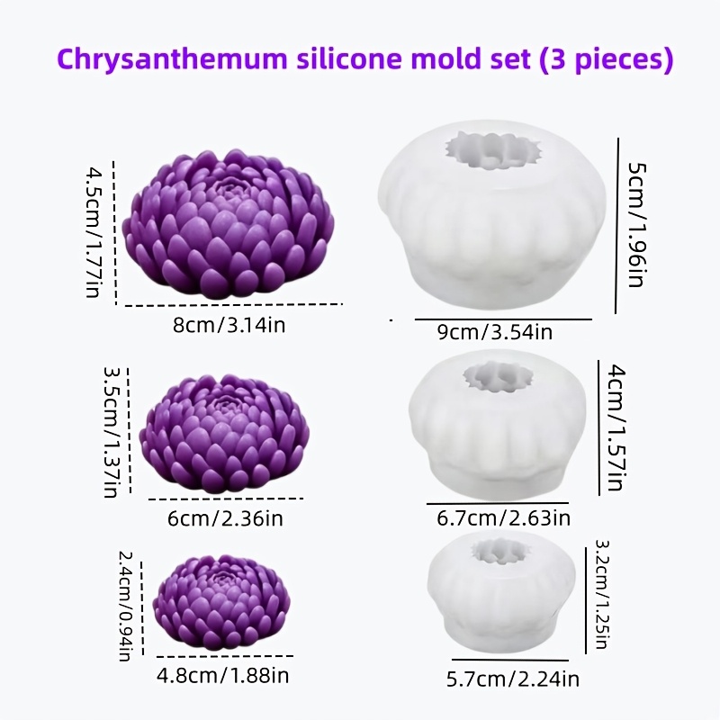 TEMU Lot de 3 moules en silicone 3D de fleur de chrysanthème, ensemble comprenant des moules grands, moyens et de chrysanthème, adaptés pour la