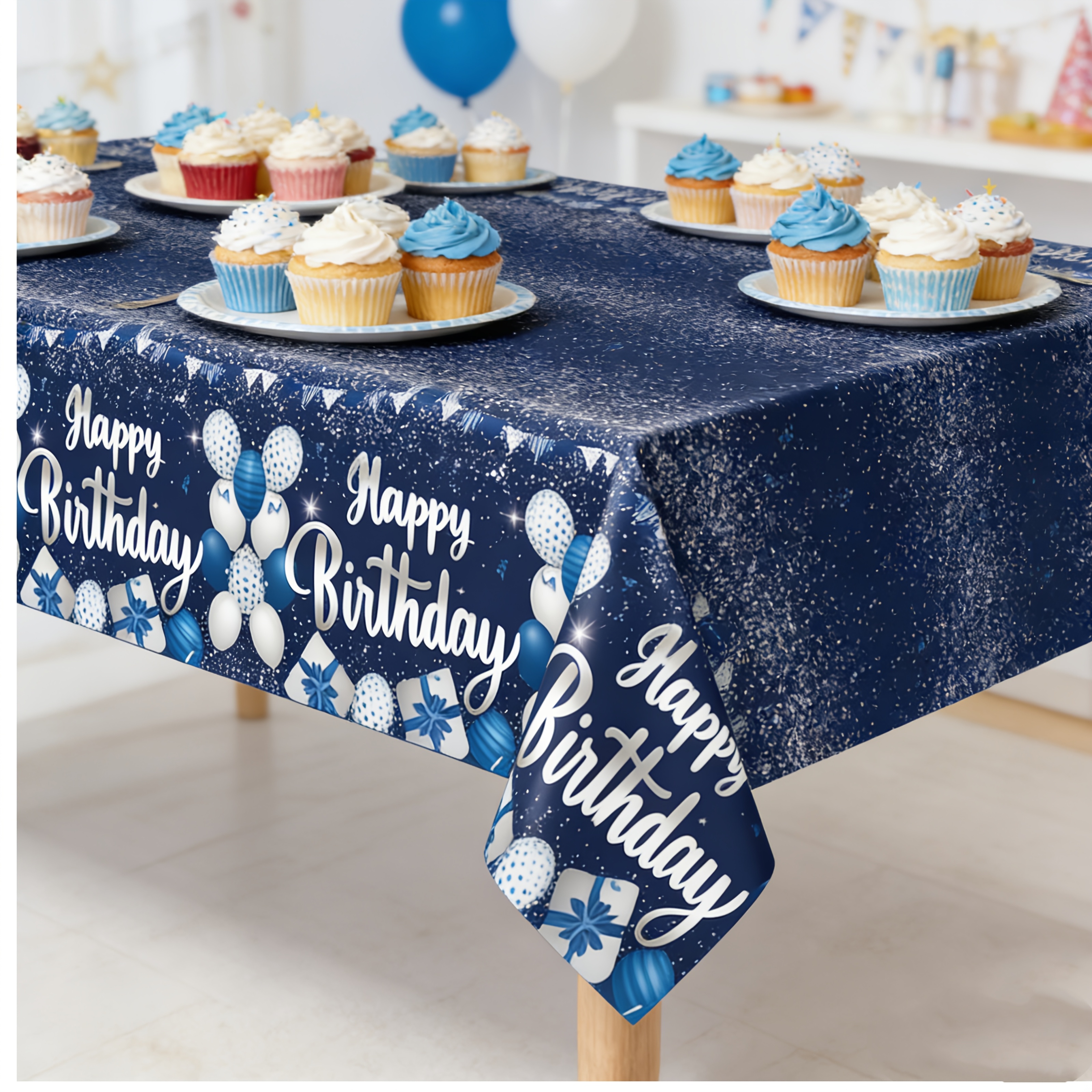 TEMU 1pc Blue Silvery Birthday Party Tablecloth | Plastic, Wedding Decorations, Summer Decoration, Garden Decor For Outside, Outdoor Decor, Machine