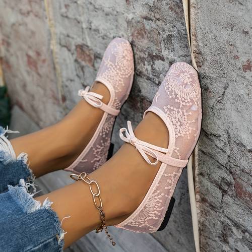 lace bow shallow mouth flat shoes vintage elegant mesh breathable womens single shoes women shoes