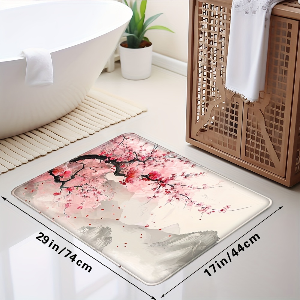 

Cherry Blossom Non-slip Floor Covering - Soft, Washable Polyester For Bathroom Essentials With Anti-skid Backing