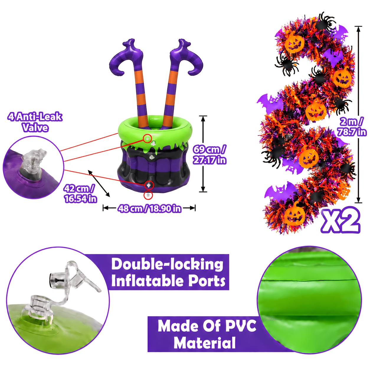 TEMU Pvc Halloween Inflatable Witch Cauldron Balloons With 2pcs 2m Pumpkin Bat Garlands, Large Inflatable Ice Bucket For Indoor Outdoor Halloween