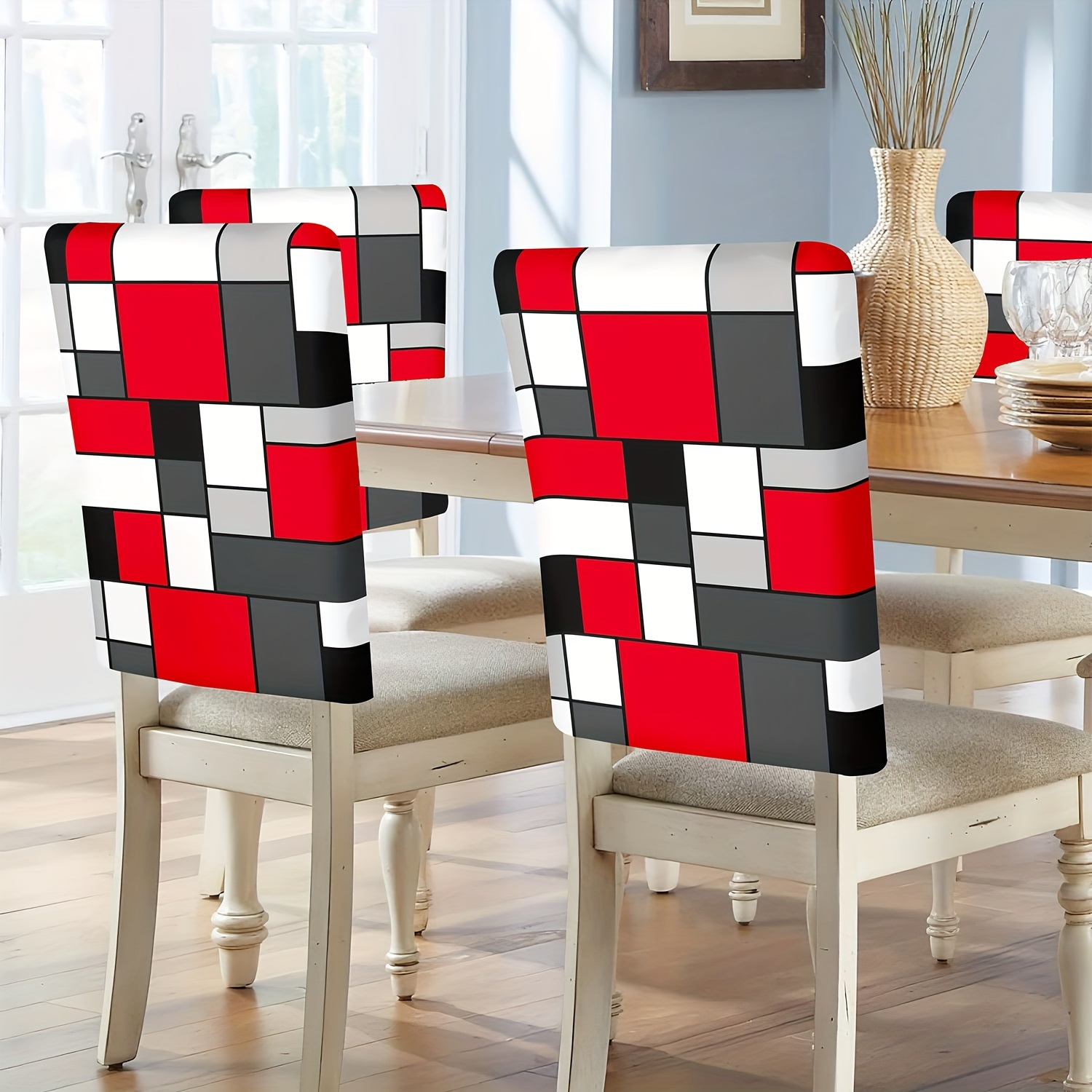 

4/6pcs Geometric Short Plush Print Removable And Washable Restaurant Chair Back Protector Cover Suitable For Restaurants, Hotels, Ceremonies, And Festival Decorations