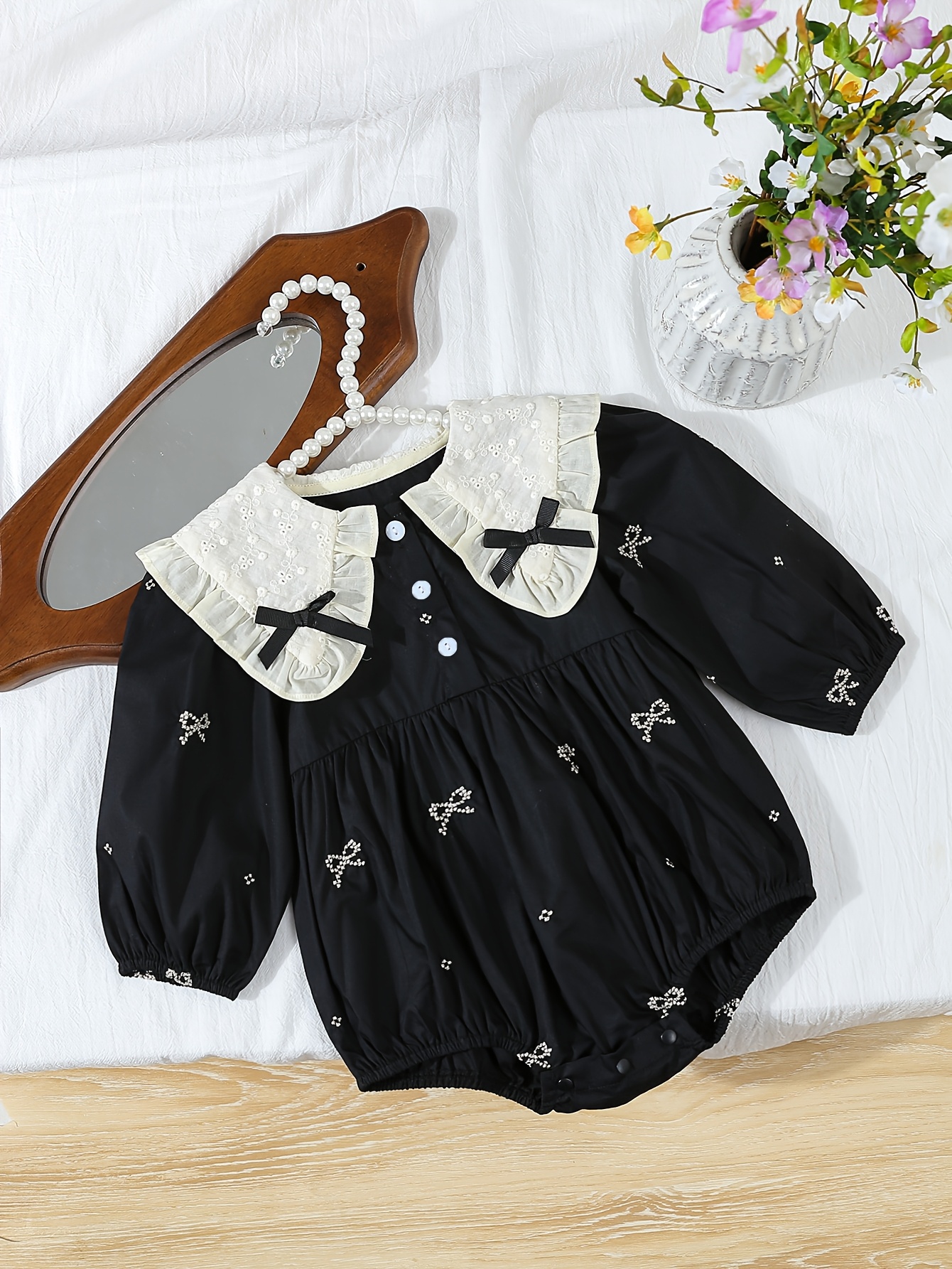 adorable black long sleeve baby bodysuit bow detail cotton Temu