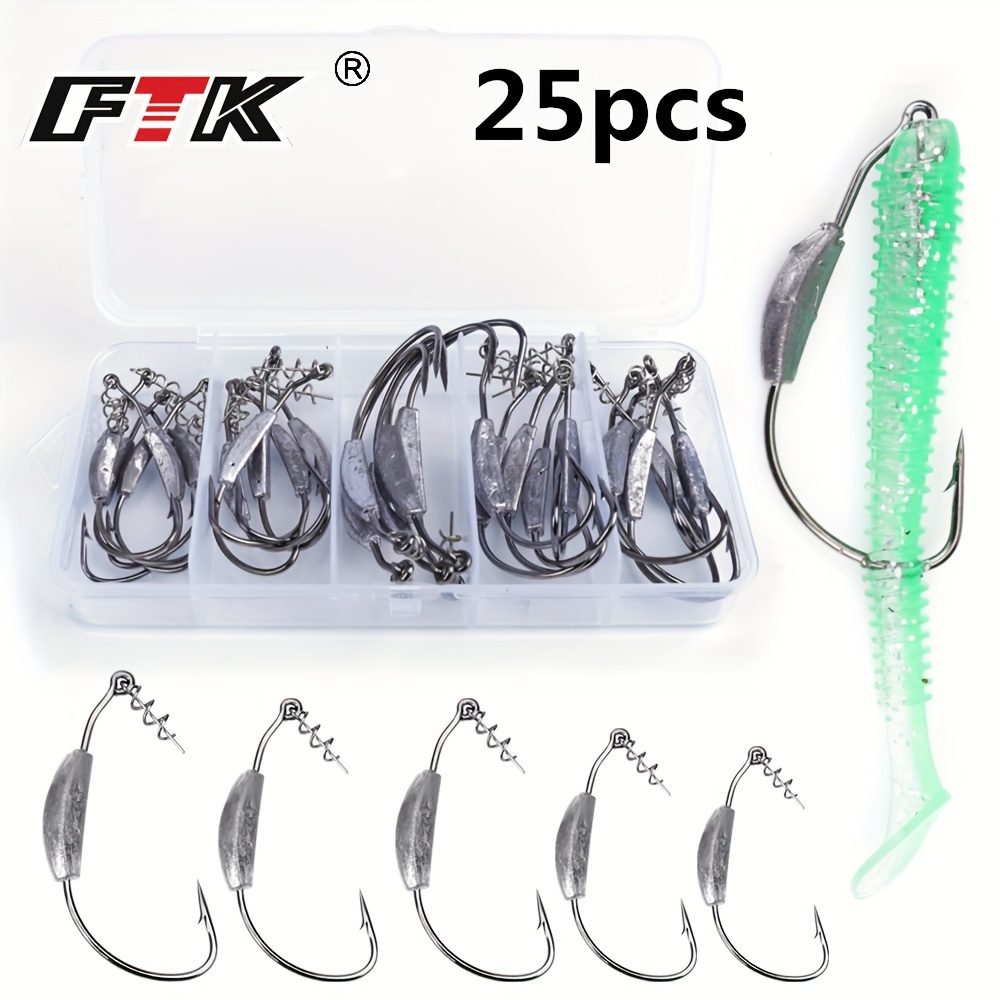 

Ftk 25pcs/box Weighted Bait Hooks, 1/0 2/0 3/0 4/0 Twist Lock Hooks, Bass Hooks For Soft Plastics Worm, Saltwater Freshwater Fishing Tackle