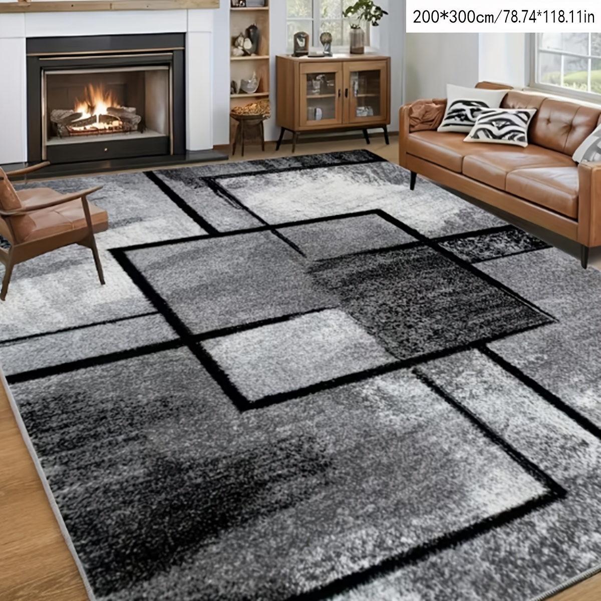TEMU 1pc Large Imitation Cashmere Rug, Black And White Geometric Modern Floor Mat - , Low-pile, Non-slip, Non-shedding, Machine Washable Mat With