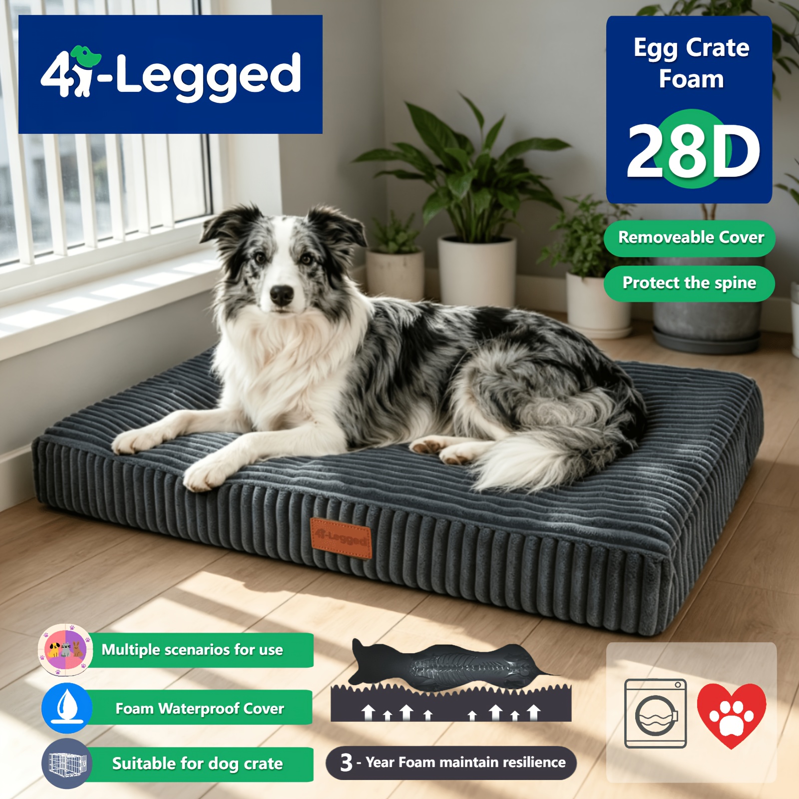 TEMU 4-legged Orthopedic Dog Bed | Large Sized, Non-slip Bottom, Egg-crate Foam With Removable Washable Cover, High-density Thickened Sponge Filling