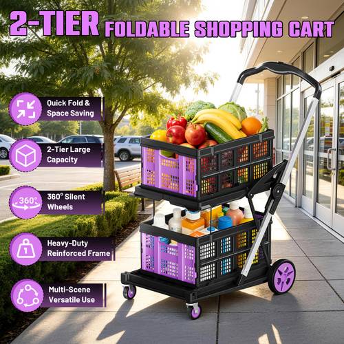 item picture collapsible shopping cart with wheels foldable 2 tier grocery cart with 2 removable storage baskets for supermarket camping picnic home office