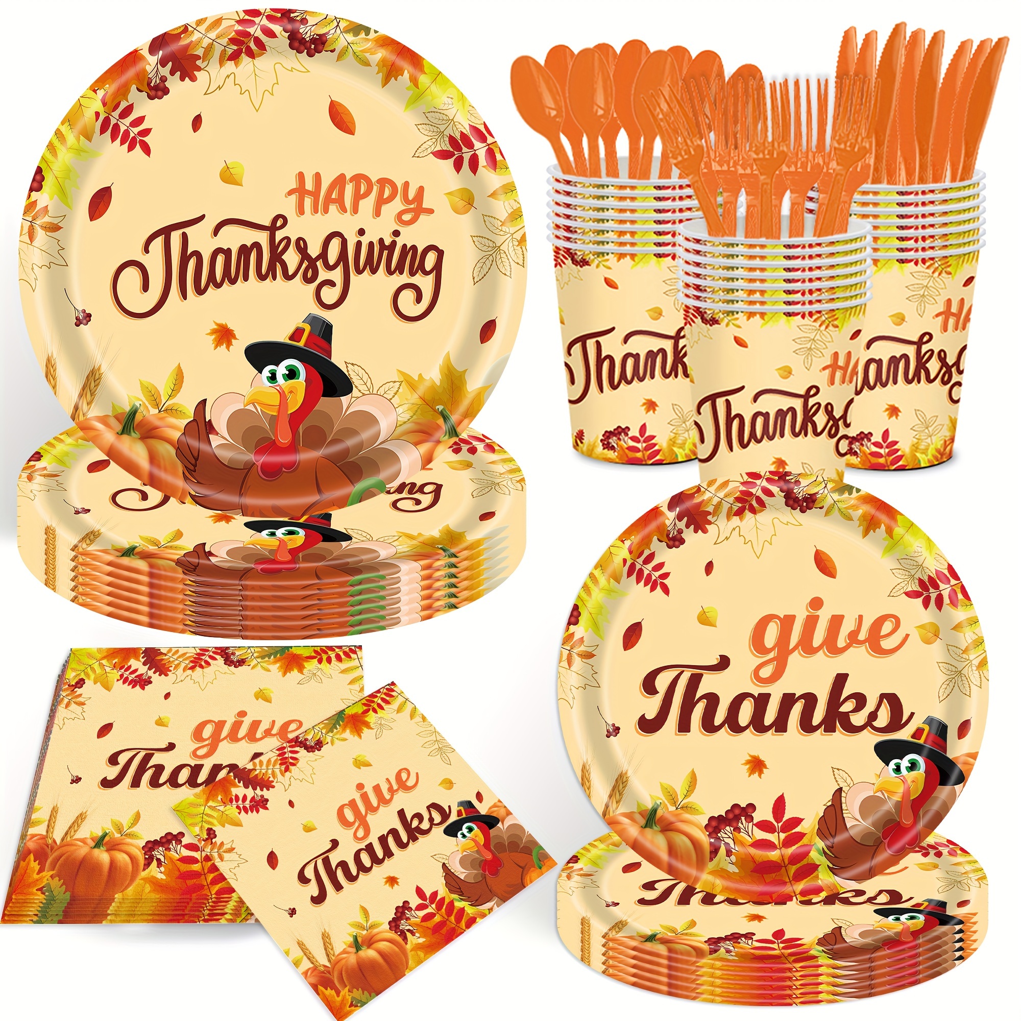 TEMU 140pcs, Thanksgiving Day Tableware Set, Happy Thanksgiving Party Supplies Dinnerware Set Paper Plates, Cup, Napkins, Knife, Fork And Spoon,
