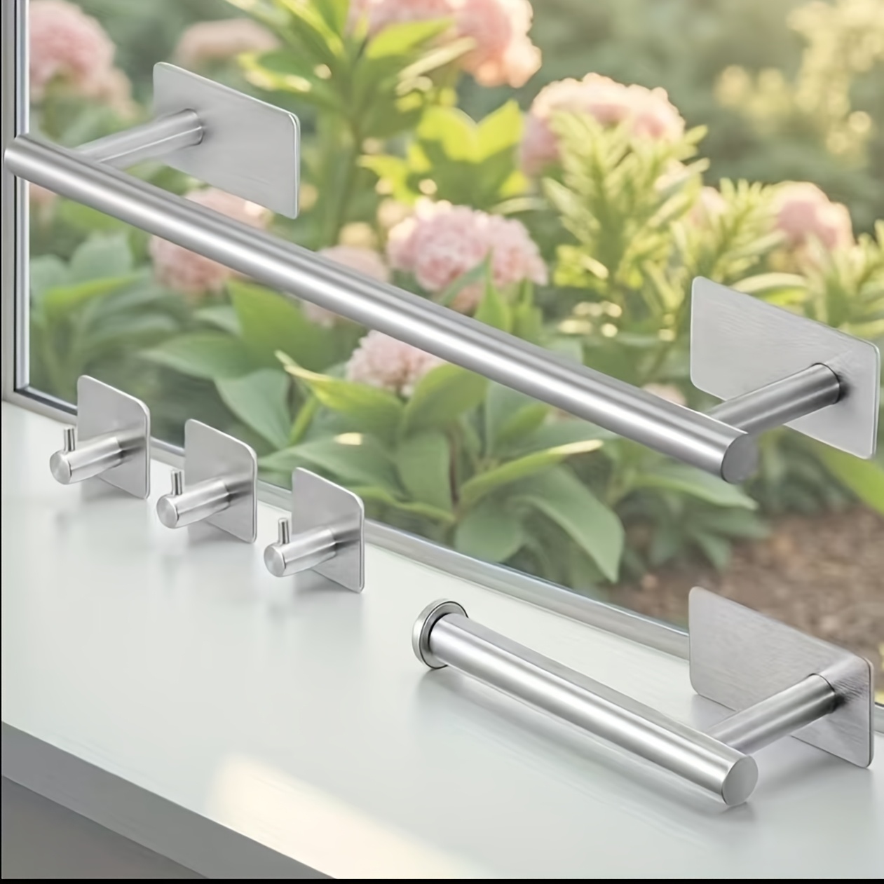 5pcs Stainless Steel Bathroom Accessory Set - Includes Towel Bar, Toilet Paper Holder, And Robe Hook - Without Drilling - Home Decor