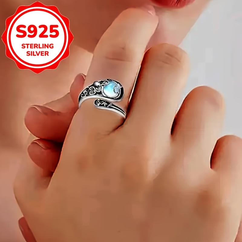 Women's S925 Silver Octopus Moonstone Adjustable Ring