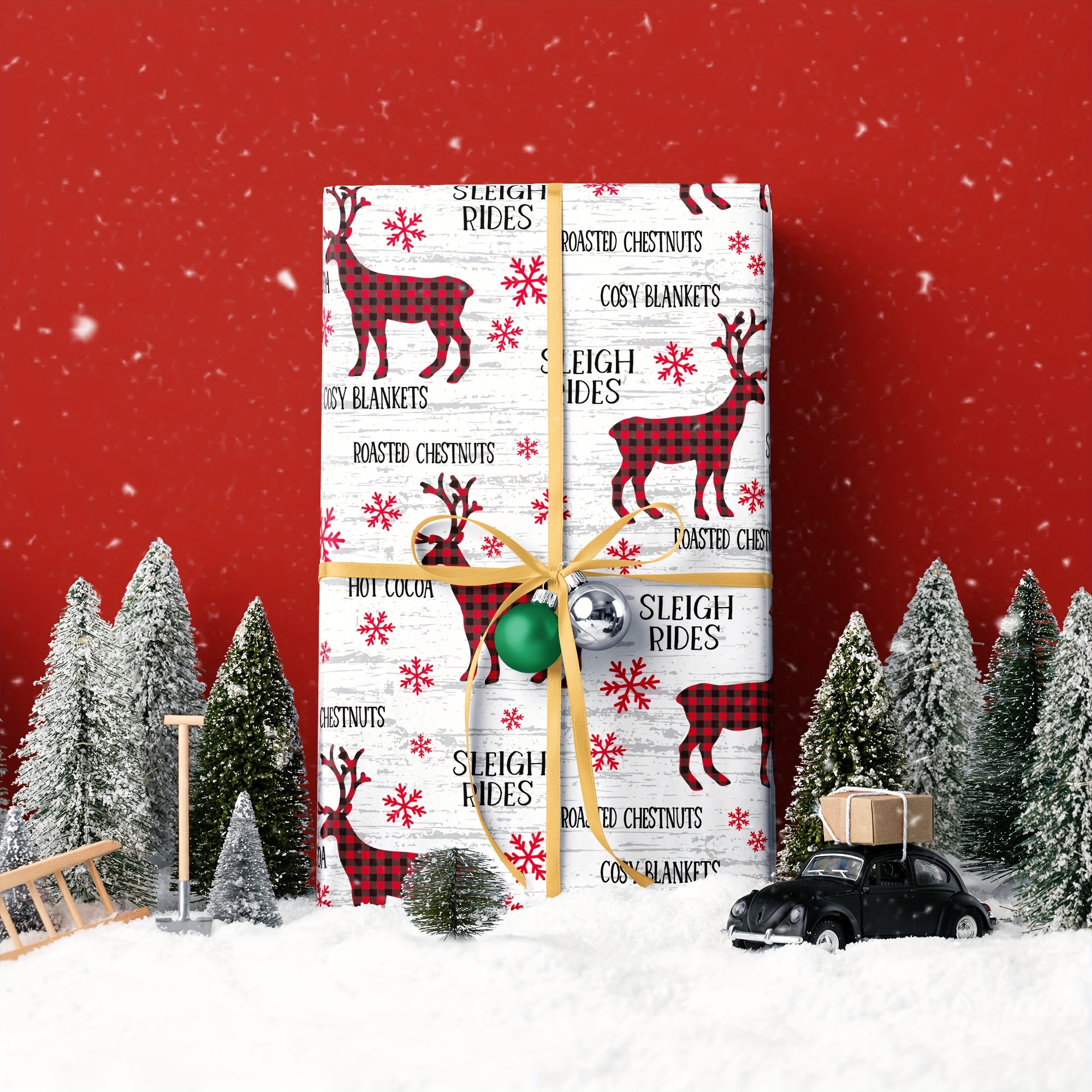 TEMU 1 Roll Of Christmas Wrapping Paper | White Background With Red Checkered Reindeer And Snowflake Pattern, Suitable For Parties, Decorations, And