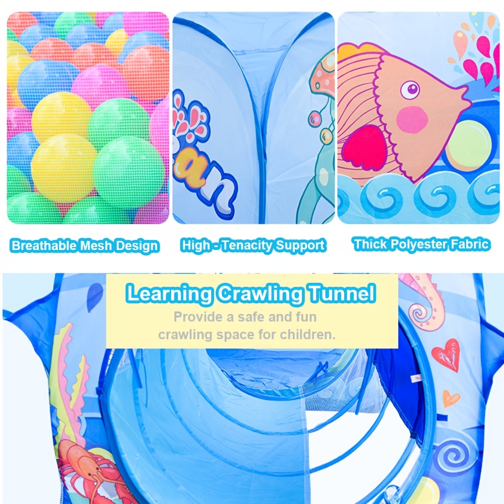 3-delige Blauwe Oceaan Thema Kinderballenbak Set met Glijbaan-achtige Tunnel & Koepelhoes