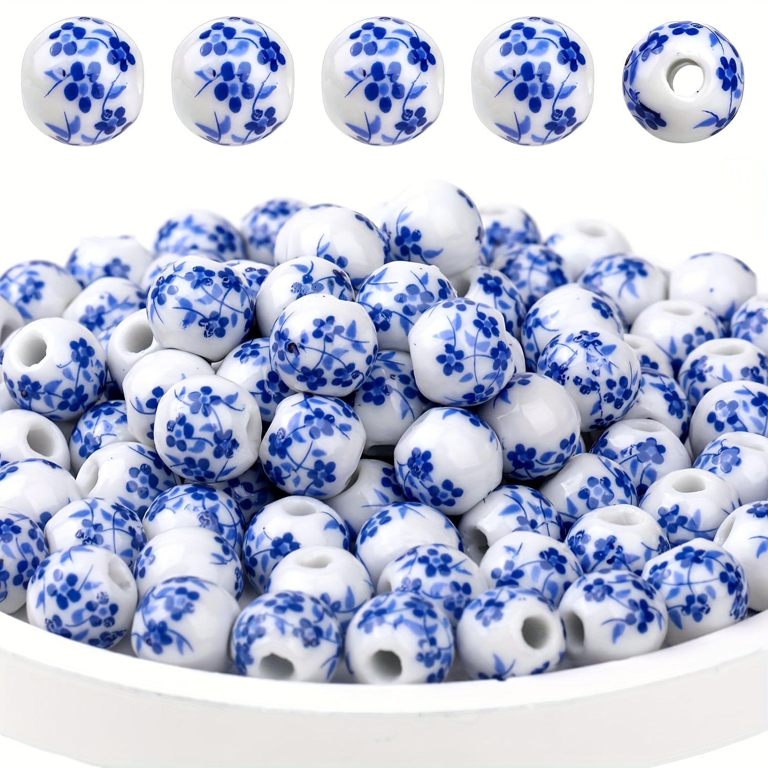 

50pcs Ceramic Beads For Jewelry Making - 10mm Hand-painted Blue Floral Porcelain Spacer Beads Kit For Diy Bracelet Necklace Craft