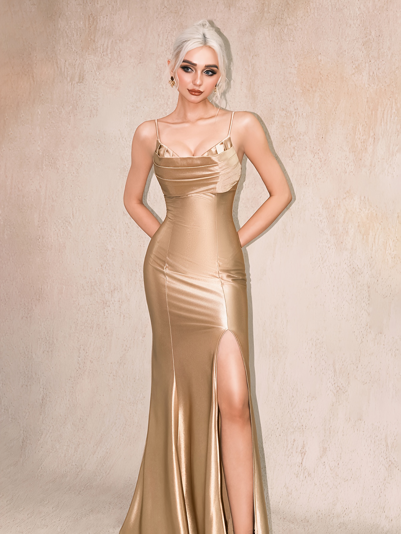 fancy elegant gold bridesmaid dresses Elegant A-line Sweetheart Spaghetti Straps Gold Satin Long Bridesmaid  Dresses,MBD141 main image 1