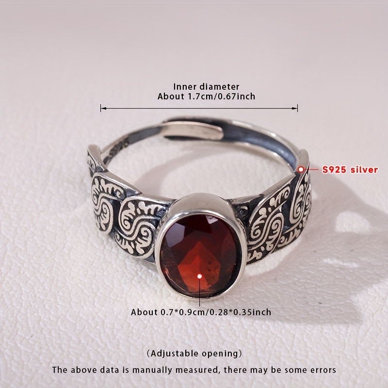 TEMU Garnet Ring S925 925 Silver Adjustable Vintage Dark Style Casual Attire Party Gift For Graduation, Promotional Occasion - Exquisite Gift Box