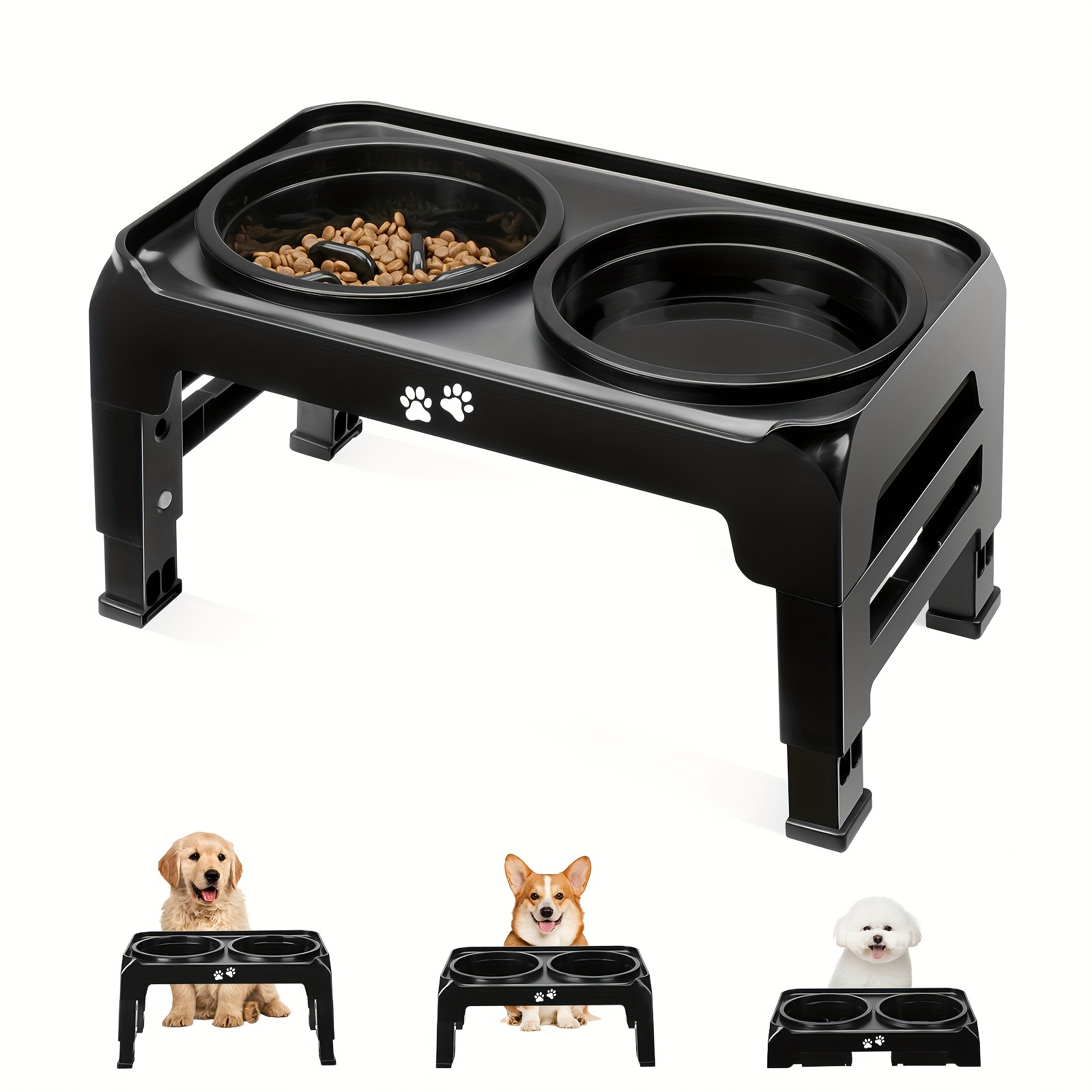 Image of Elevated Dog Bowls 3 Height Adjustable Raised Dog Bowl With Slow Feeder Bowl And Water Bowl Adjusts To 2.75", 6", 7.5", For Small Dogs, Black, Gray
