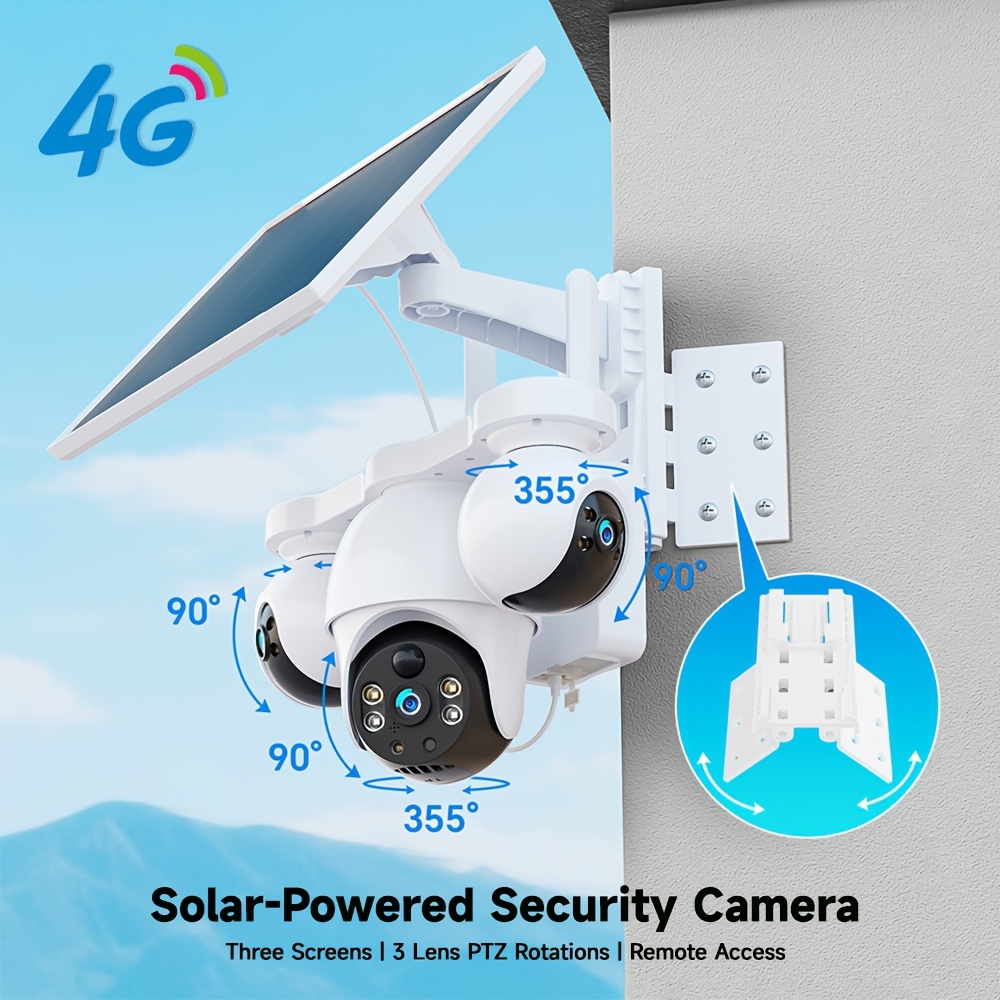 Image of Triple-lens 4g Solar Security Camera Outdoor No Wifi, 360° Ptz Pan/tilt With Tracking, Pir Human Detection, Night Vision, Audio, Built-in Sim Card, Works With App For