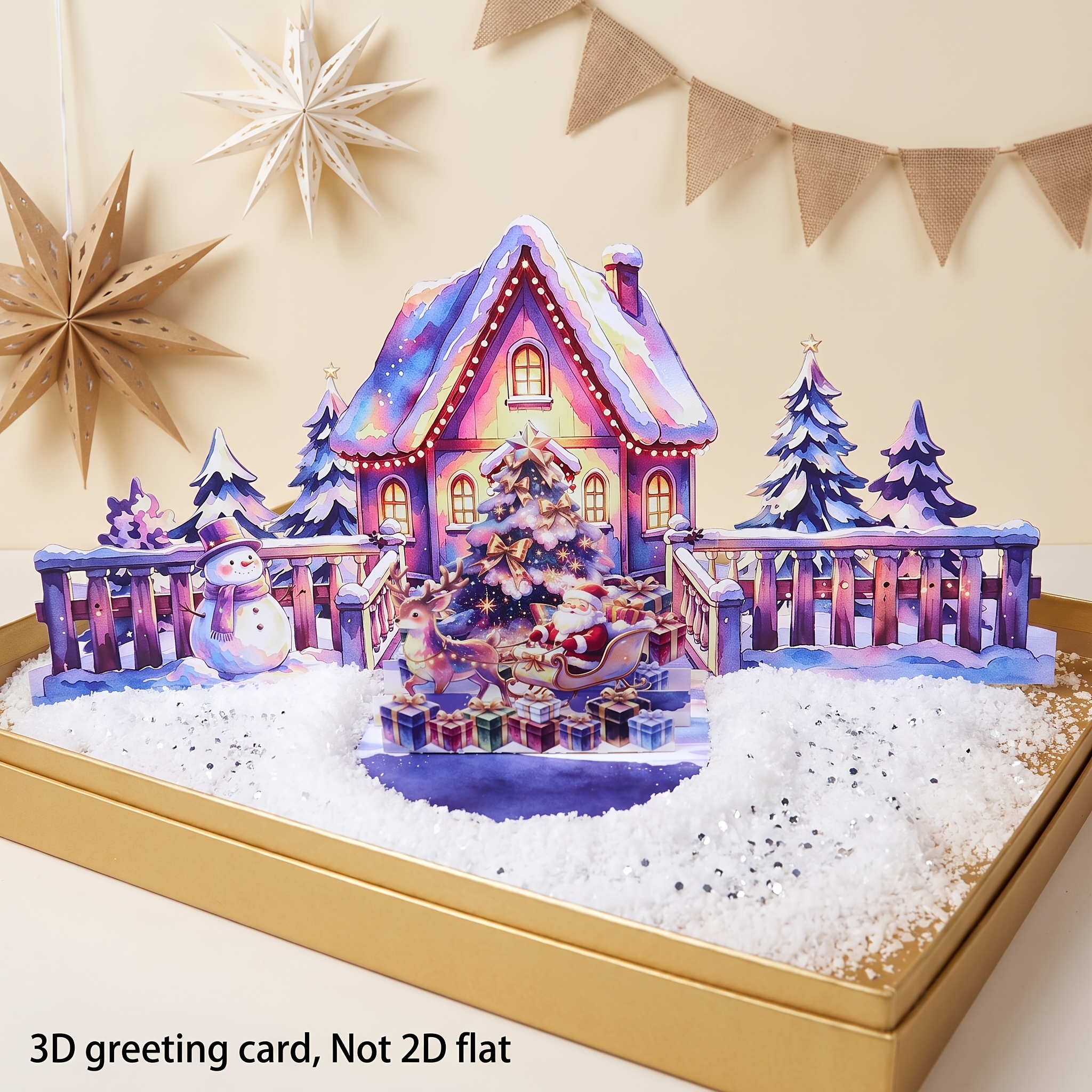 TEMU 3d Relief Watercolor Macaron Winter Christmas Cottage Pop-up Greeting Card (with Envelope) Handmade Foldable Layered Paper 3d Card, Snow Falling