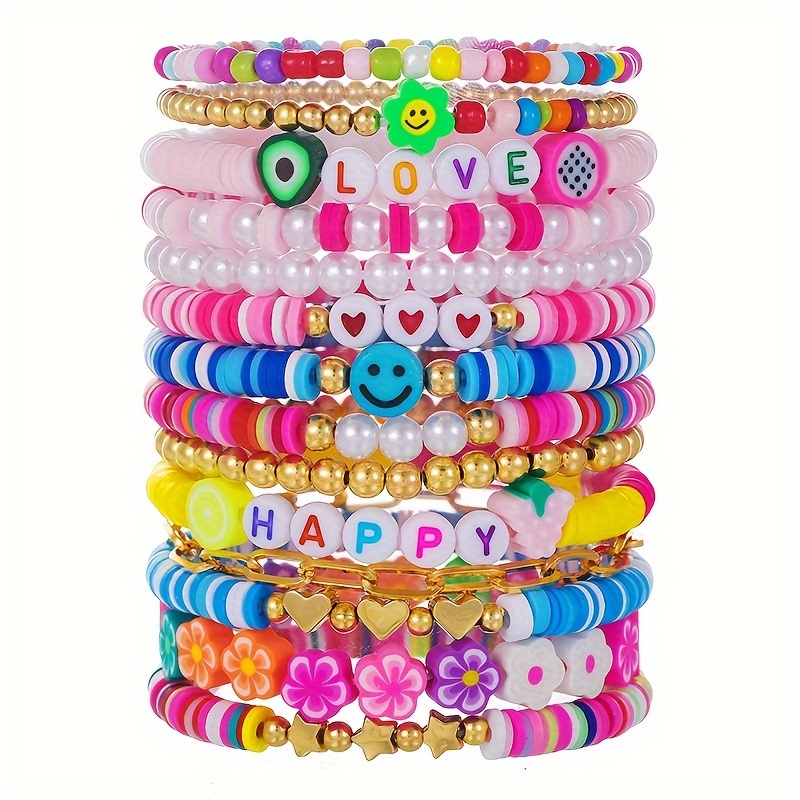 TEMU 14pcs Set Style Polymer Clay Bead Bracelets, With Love, Flower, Star Charms, For , Parties, And Vacations, Accessory