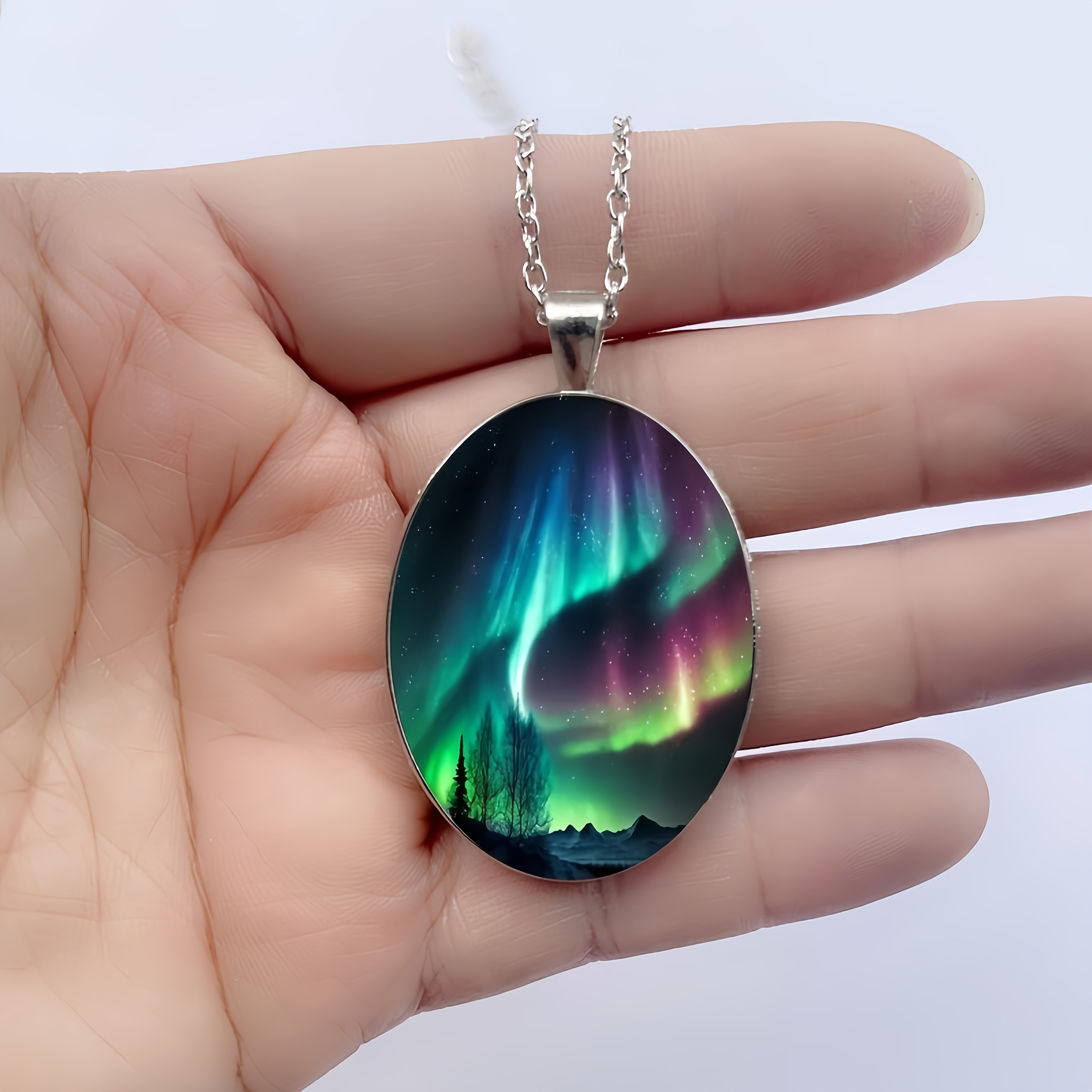 Image of Northern Lights Glass Pendant Necklace, Glass Inlaid Painted Natural Scenery Design, Unique Anniversary Gift, Romantic Astronomy Present, Hypoallergenic Necklace Chain