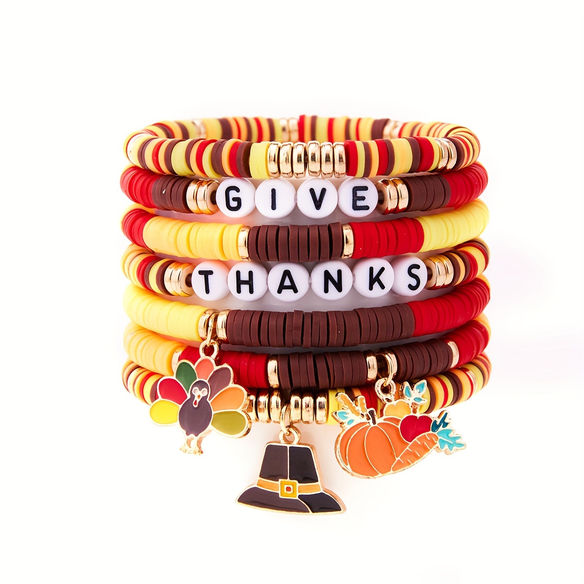 

7pcs Boho Thanksgiving Polymer Clay Bracelet Set, Random Color Turkey Charm, Handmade Soft Clay Letter Beads, Party Accessory, , Gift For All