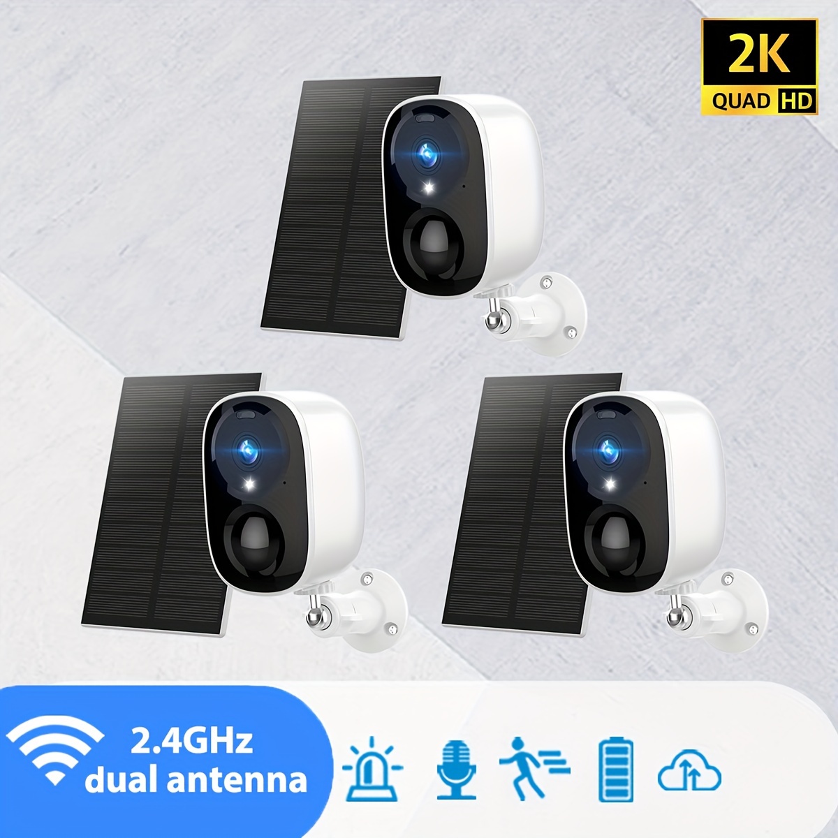 

3pcs Solar Powered Outdoor Wireless Security Camera 2k 3 Video , Battery Powered Home Security Cctv Camera, 2.4gwifi, Voice Call, Sd, Detection, Spotlight, Color Infrared Ip66 Waterproof