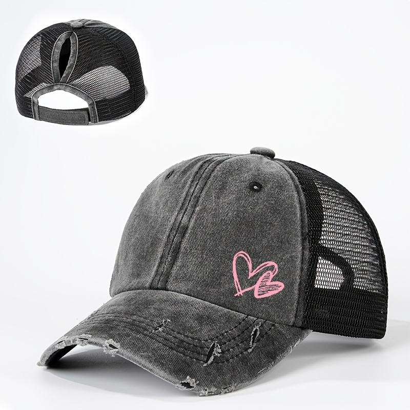 TEMU Bedrukte Dubbele Overlappende Hart Holle Paardenstaart Net Cap Baseball Cap Unisex Trucker Hat Ademend Verstelbare Golf Heren Dames Same Style