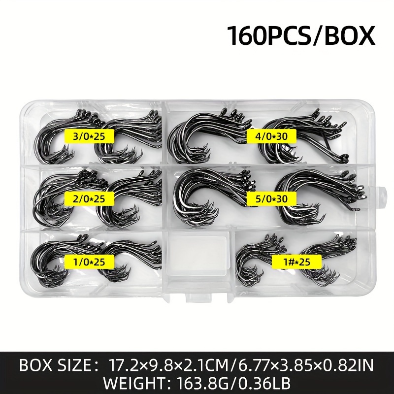Image of A Box Containing 160 Circle Hooks In 6 Different Sizes, Made Of High Carbon Steel, Designed For Octopus Offset Fishing With Barbs, Suitable For Saltwater Fishing