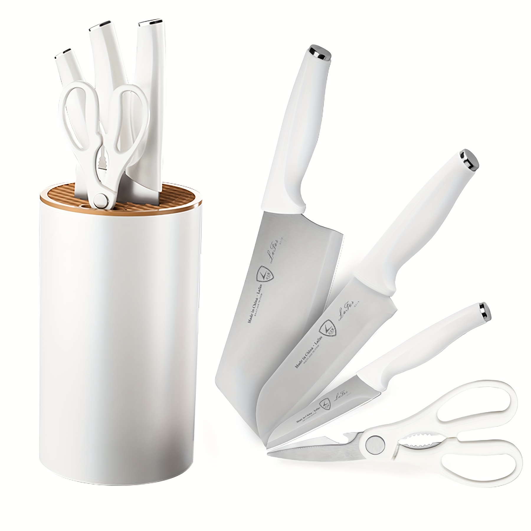 TEMU 5pcs Heavy-duty Kitchen Knife Set With Knife Block - 408 Stainless Chef, Fruit, Paring Knives & Scissors - , Anti-rust Sheaths, White & -