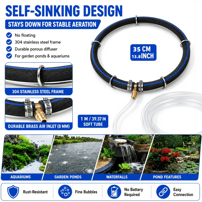 Stainless Steel Pond Aeration Ring With 1m Hose, High Oxygen Diffuser Disc For Garden , Fish Tanks & Aquariums, Heavy Duty Hydroponics Oxygen Aerator