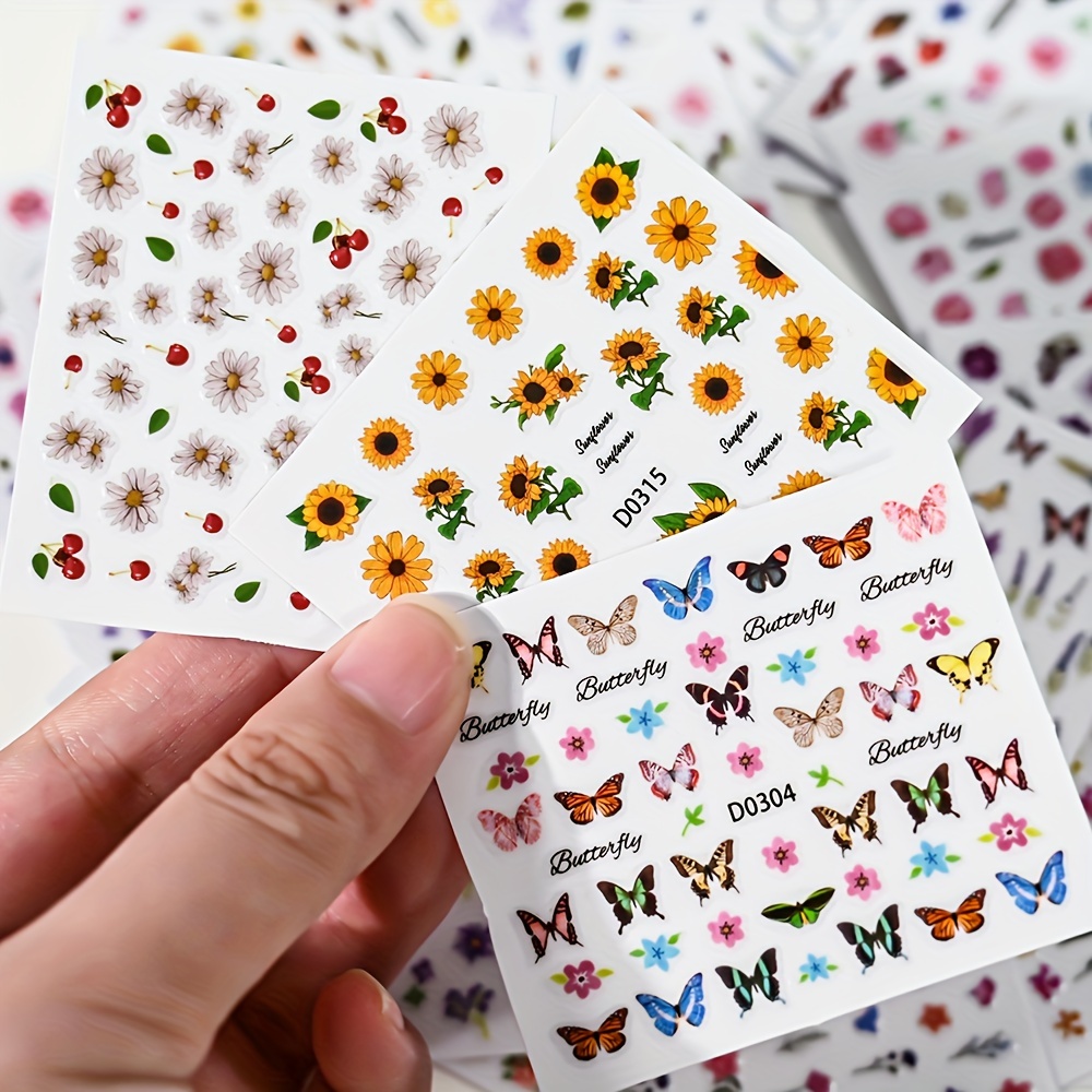 

30pcs Nail Art Stickers Set, Floral & Designs, Self-adhesive Plastic Nail Decals, , Glitter Embellished, Plant Theme, Irregular Shapes, Unscented, For Diy Manicure Decoration