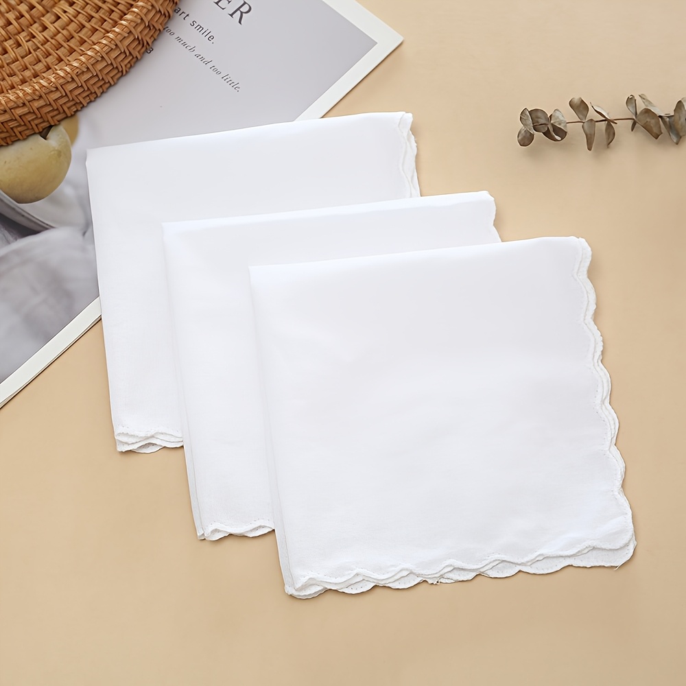 TEMU 3pcs Set Of Crescent Edge White Women's Handkerchiefs, Square Scarf With Wavy Edge For Embroidery, Suitable For Daily Wiping, Wedding Parties,