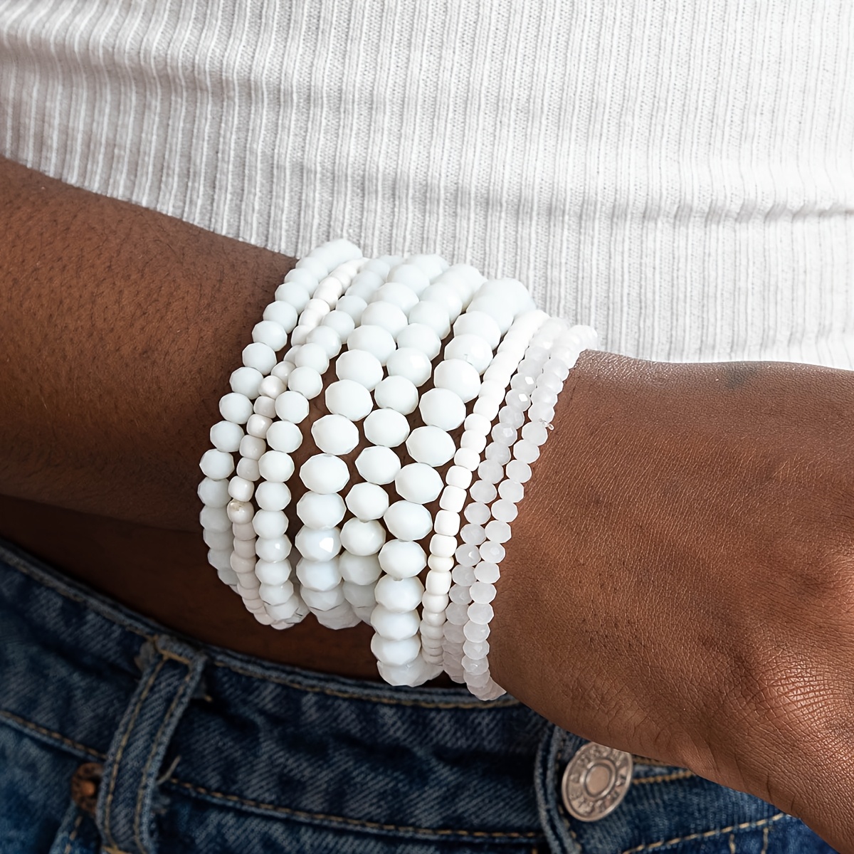 Image of 9pcs Bohemian Fashion Beaded Bracelet Set, Sliced Flat Glass Beads Women's Bracelet Set Suitable For Work Daily Party Gifts For Mother's Day Gift