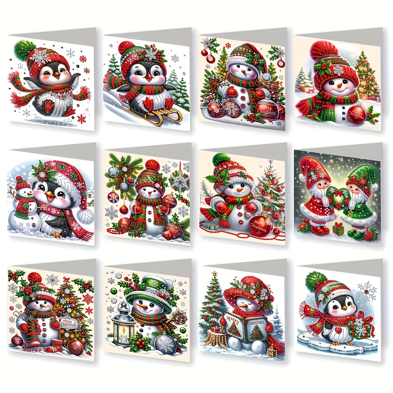 Image of 12pcs Diamond Painting Christmas Cards With Envelope. Anime Theme, Handmade 5d Art Greeting Cards, Paper Material, Unique , Exquisite Gift For