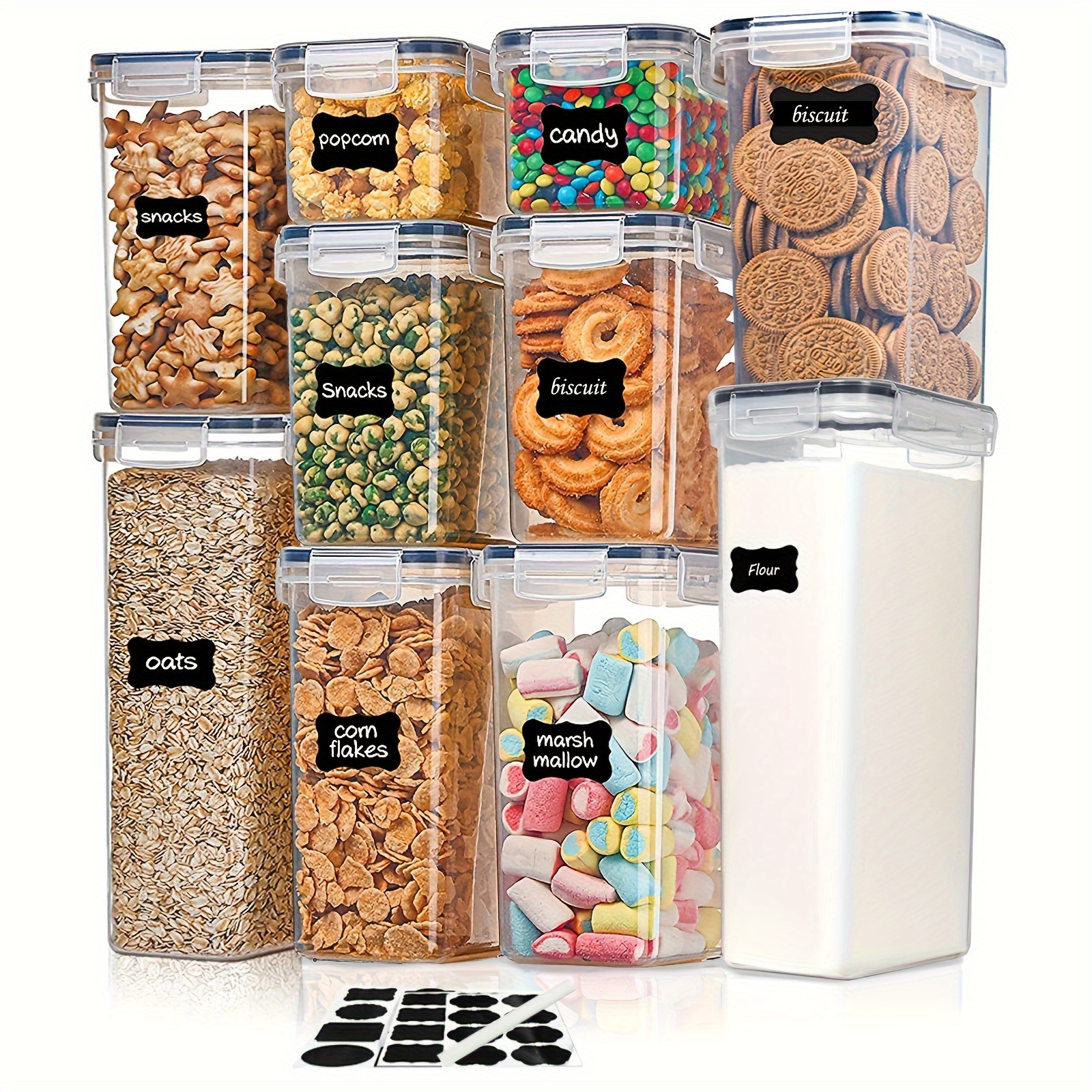 

5/10 Packs Airtight Food Storage Containers Set With Lids, Bpa Free Plastic Kitchen Dry Food Canisters For Cereal, Flour, Oats, Dishwasher Safe, Include Labels & Marker, Black