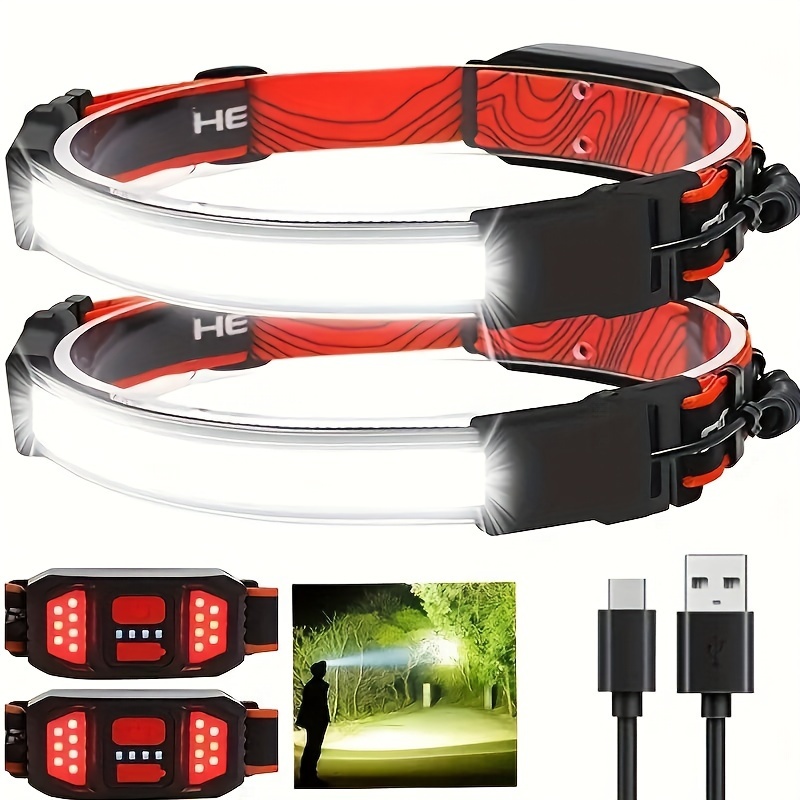 

2pc Usb Rechargeable Cob Led Headlamp With Red Tail Light, Floodlight For Outdoor Activities, Nighttime Warning Signal For Camping & Fishing