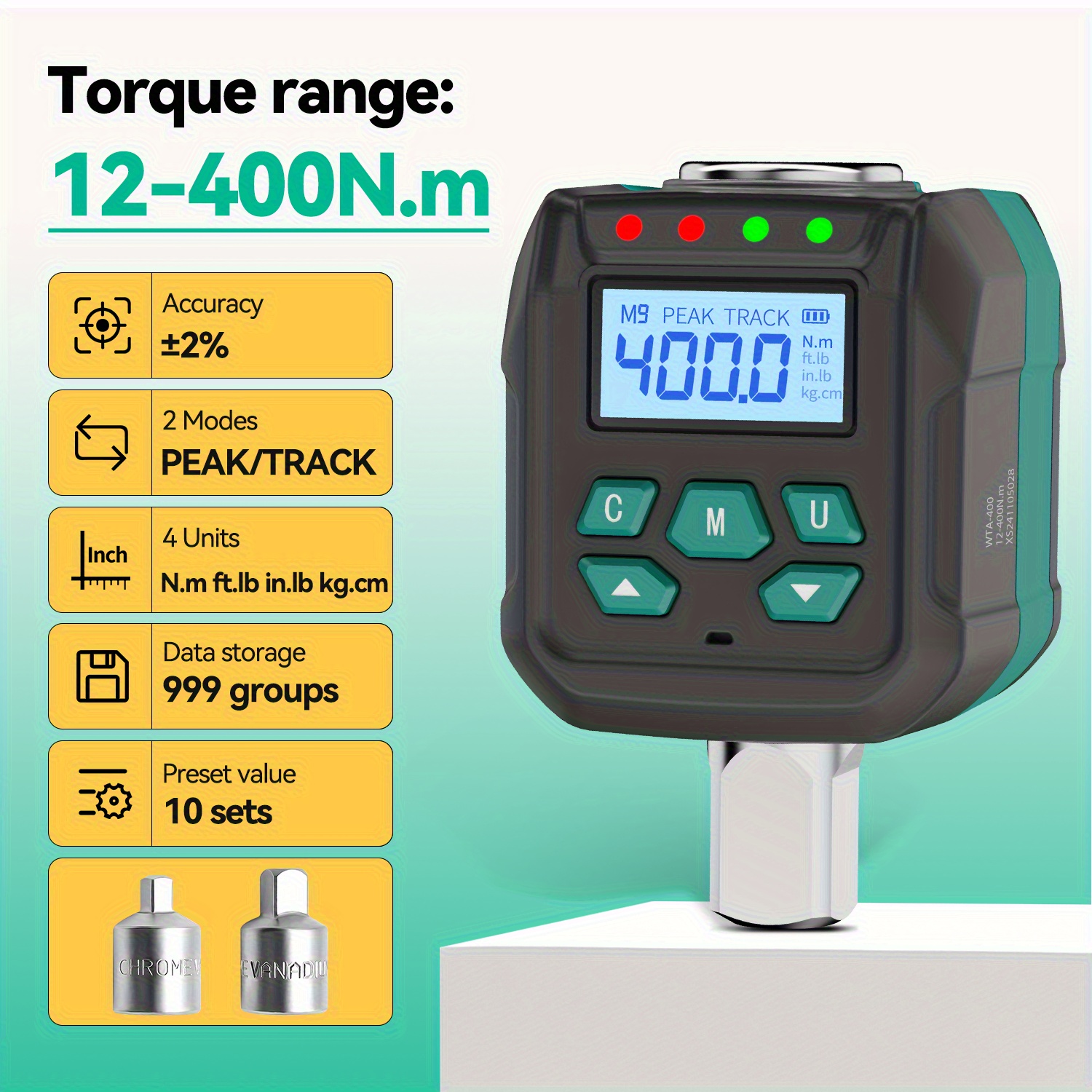 TEMU Electronic Digital Torque Wrench High-precision Torque Wrench Adapter 1/2-inch 0.9-400n.m Adjustable Test Torque Tool Torque Gauge 1/4 And 3/8